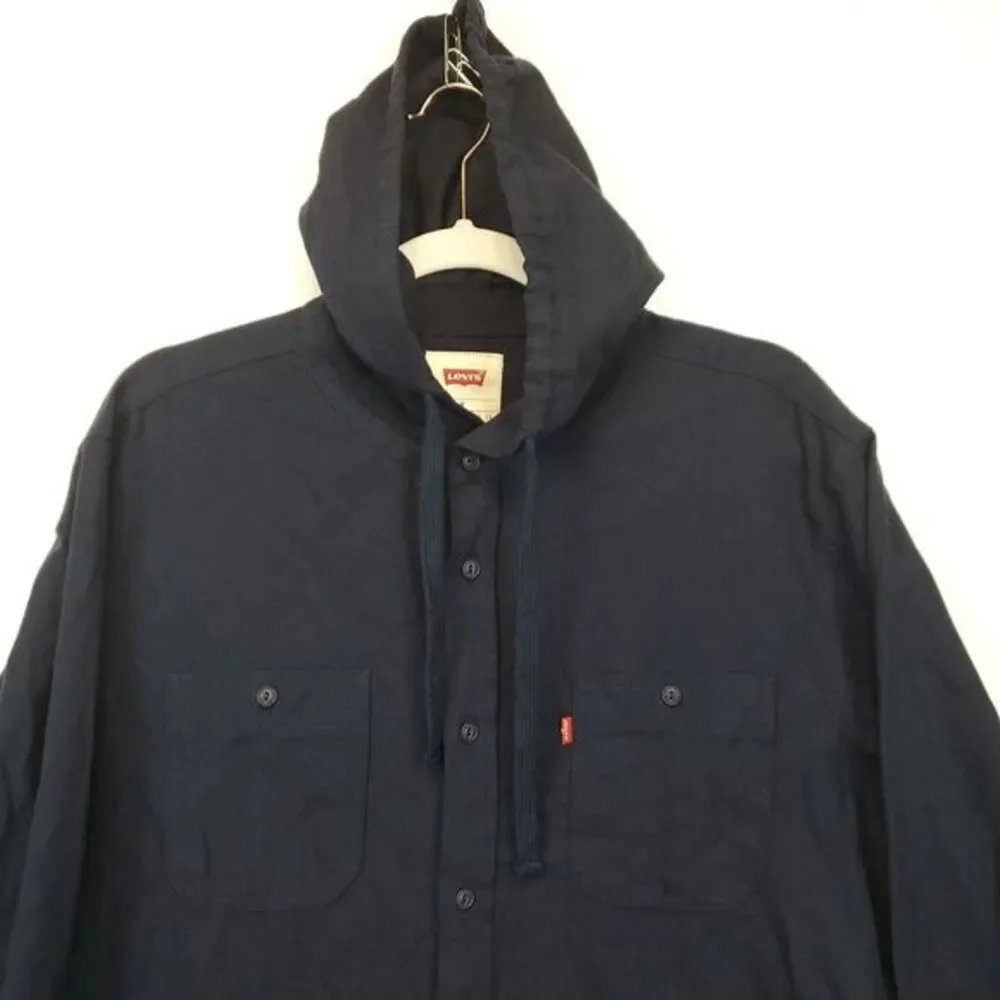 Levi's Button Up Hooded Shirt Men M Long Sleeve Front‎ Pockets Navy Blue Cotton